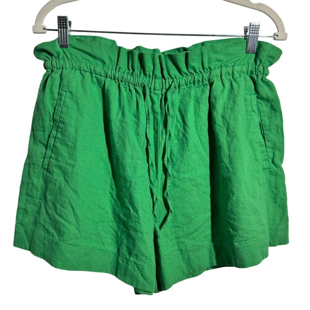 Open Edit Paperbag Waist Linen Blend Shorts Women M Kelly Green Coastal Preppy